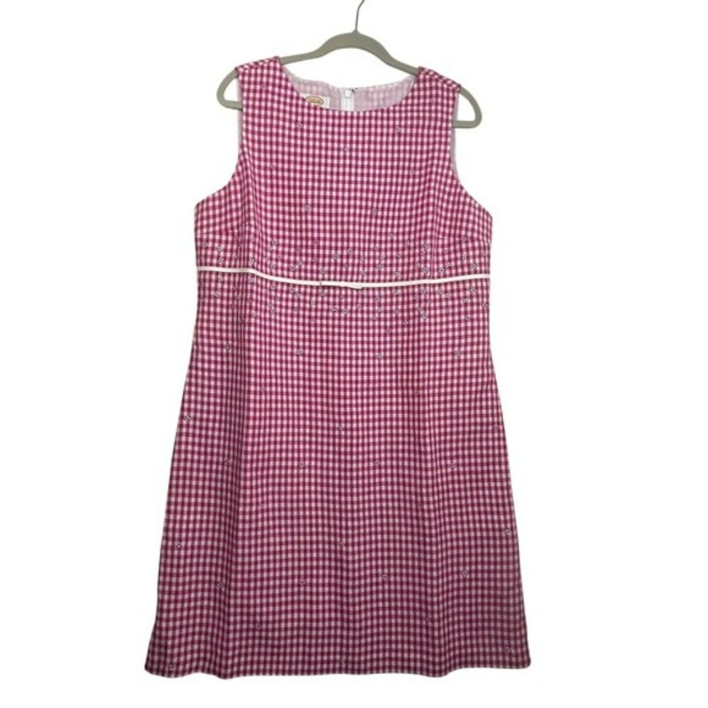Talbots Petites 16P Red White Gingham Linen Shift Dress Embroidered NWT